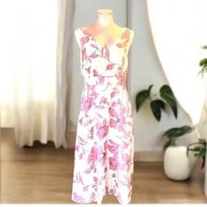 Cynthia Rowley 100% Linen Floral Midi Dress Pink Tan A-Line Size 6 Pockets